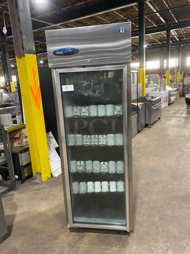 Hoshizaki Commercial Single Door Reach In Cooler! With View Through Door! Poly Drink Racks! Stainless Steel Body! On Casters! Model: CR1SFGECL SN: H50277E 115V 60HZ 1 Phase