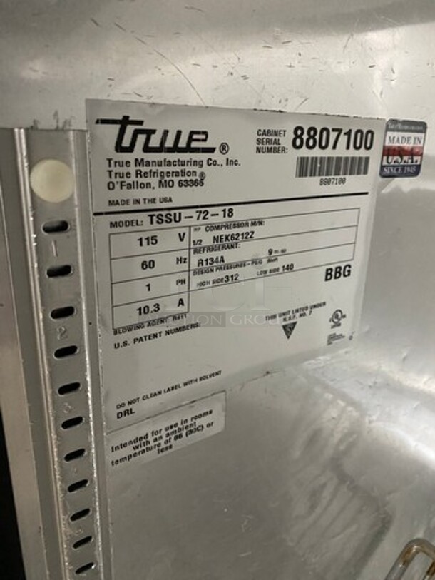 True Commercial Refrigerated Sandwich Prep Table! With 3 Door Storage Space Underneath! All Stainless Steel! On Casters! Model: TSSU7218 SN: 8807100 115V 60HZ 1 Phase - Image 8 of 9