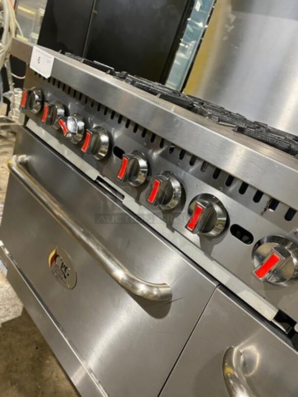 FAB! CPG Commercial Natural Gas Powered 6 Burner Stove With Right Side Flat Griddle And Cheese Melter Combo! Griddle Has Side Splashes! With Raised Back Splash And Salamander Shelf! With 2 Oven Underneath! Metal Oven Racks! All Stainless Steel! On Casters! SN: 01210402 - Image 10 of 12