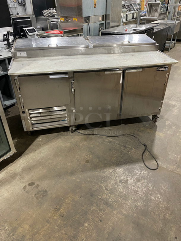 Leader Commercial Refrigerated Marble Top Pizza Prep Table! With 3 Door Underneath Storage Space! All Stainless Steel! On Casters! Model: PT72 SN: PT043536 115V 60HZ 1 Phase