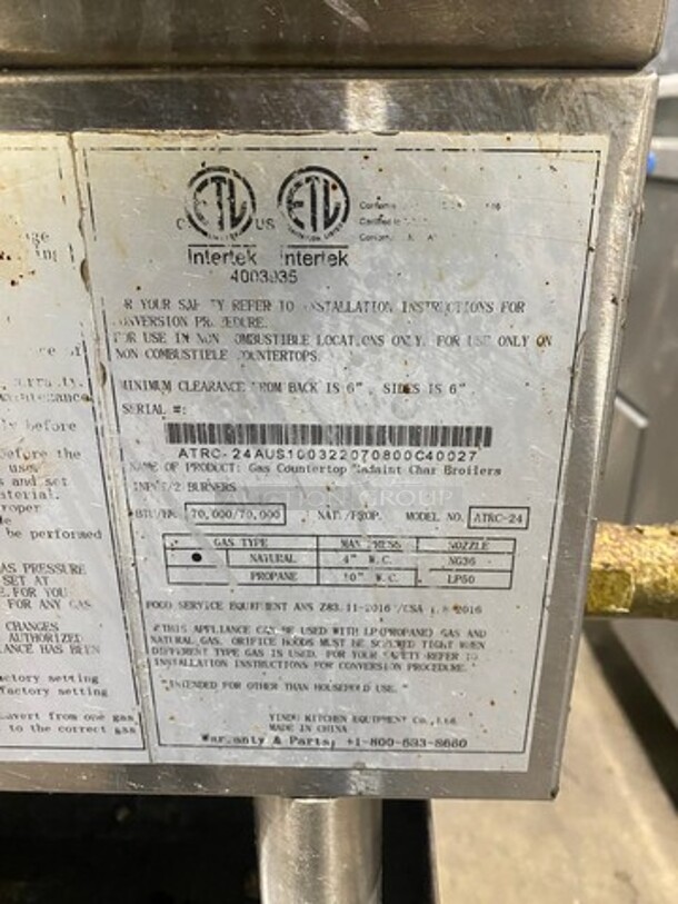 LATE MODEL! 2022 Cook Rite Commercial Countertop Natural Gas Powered Char Broiler Grill! With Back & Side Splashes! On Commercial Equipment Stand! All Stainless Steel! With Underneath Storage Space! Model ATRC24 Serial ATRC24AUS100322070800C40027! On Legs! - Image 8 of 9