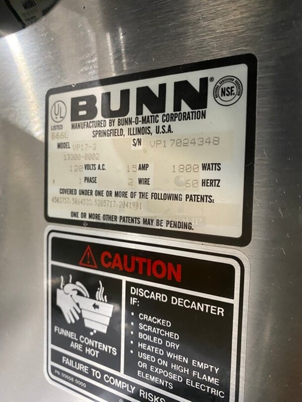 Bunn Commercial Countertop Coffee Maker! With 2 Coffee Pot Warmers! All Stainless Steel! Model: VP172 SN: VP17024348 120V 60HZ 1 Phase - Image 8 of 9