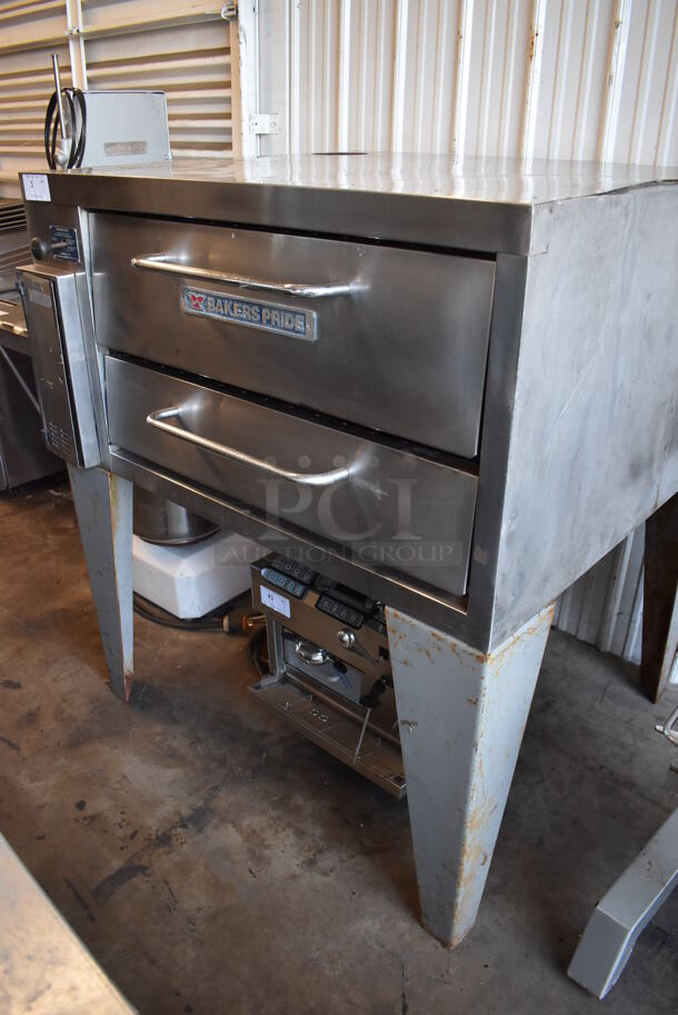 Bakers Pride 251 Stainless Steel Commercial Natural Gas Powered Single Deck Pizza Oven w/ Cooking Stone on Metal Legs. 48x46x55