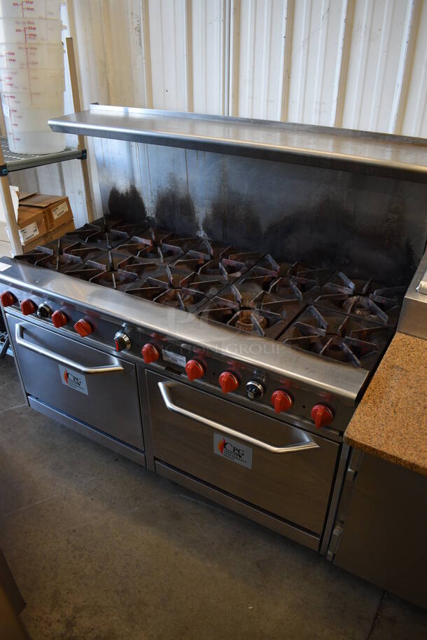 CPG Stainless Steel Commercial Natural Gas Powered 10 Burner Range w/ 2 Ovens, Over Shelf and Back Splash. 60x32x58