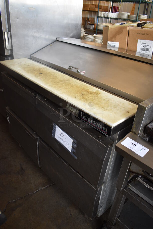 Continental Stainless Steel Commercial Sandwich Salad Prep Table Bain Marie Mega Top w/ 4 Drawers on Commercial Casters. 115 Volts, 1 Phase. 48x30x44. Tested and Powers On But Temps at 58 Degrees