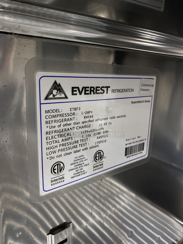 EVEREST Stainless Steel 3 Door Undercounter/Worktop Freezer!  Model ETBF3 Serial BTBF315120014 115V/60Hz/1 Phase - Image 7 of 8