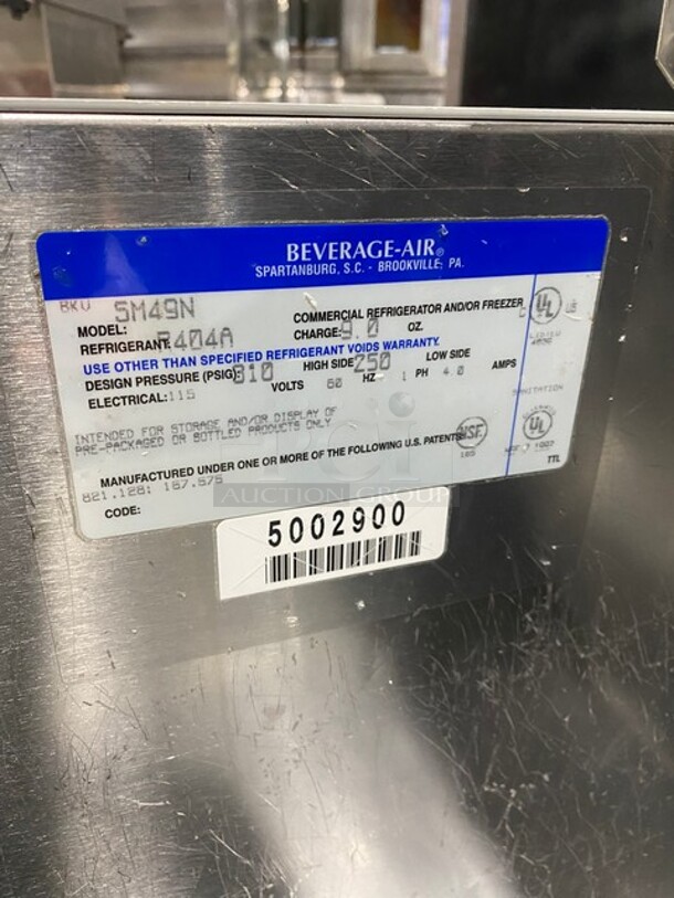 Beverage Air Single Side Access Milk Cooler! Stainless Steel! On Casters! Model: SM49N SN:5002900 115V 1PH - Image 6 of 7