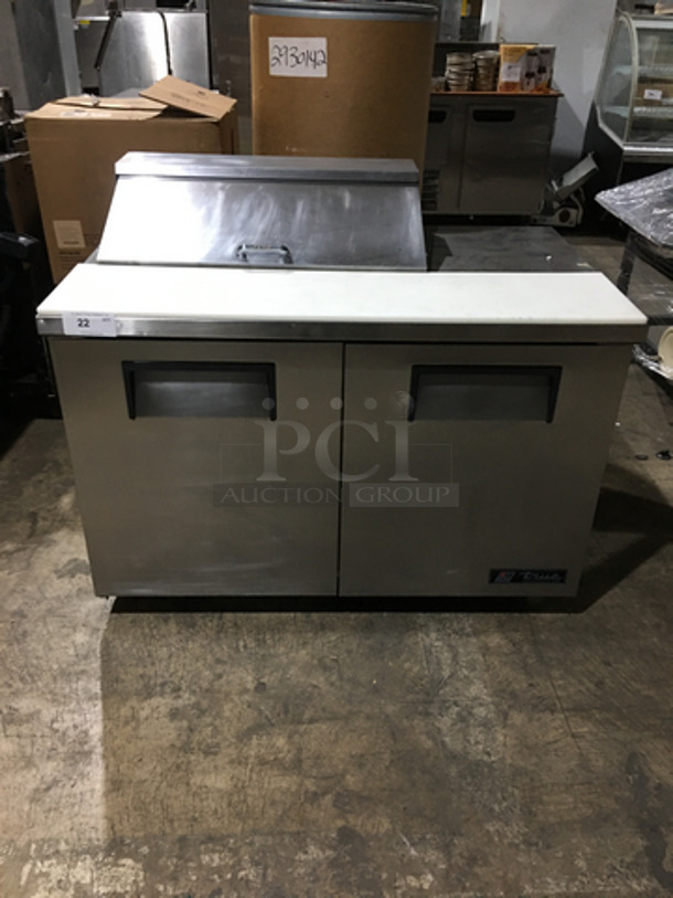 NICE! True Commercial Refrigerated Sandwich Prep Table! With Cutting Board! With 2 Door Underneath Storage Space! All Stainless Steel! On Casters! Model: TSSU4808 SN: 14622588 115V 60Hz 1 Phase