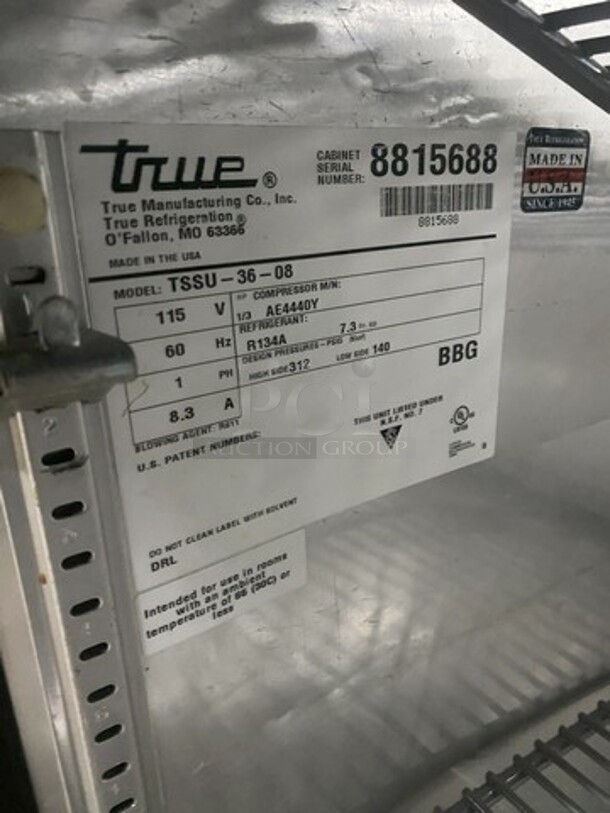 True All Stainless Steel Refrigerated Bain Marie/Sandwich Prep Table! With 2 Door Storage Underneath! Model TSSU36-08 Serial 8815688! 115V 1 Phase! On Casters!  - Image 7 of 9