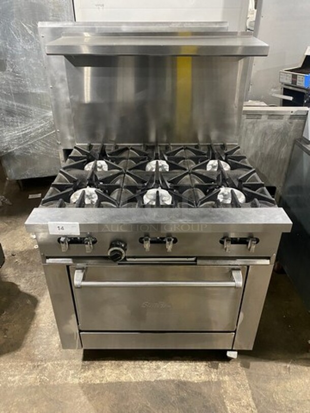 Sunfire Commercial Natural Gas Powered 6 Burner Stove! With Raised Back Splash And Salamander Shelf! With Oven Underneath! All Stainless Steel! On Casters!