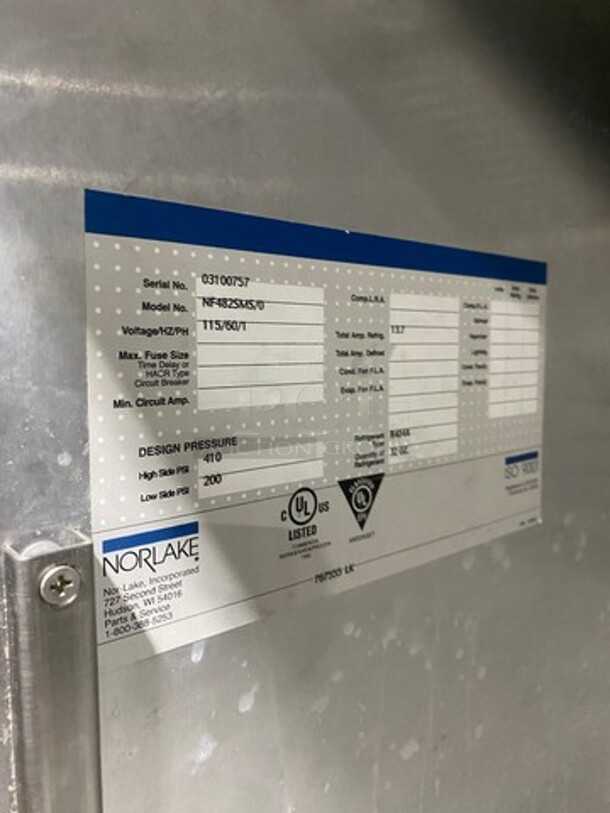 Norlake Commercial 2 Door Reach In Freezer! With Poly Coated Racks! All Stainless Steel! On Casters! Model: NF482SMS SN: 03100757 115V 60HZ 1 Phase - Image 8 of 10