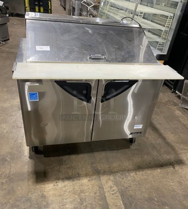 Turbo Air Commercial Refrigerated Sandwich Prep Table! With Commercial Cutting Board! With 2 Door Storage Space Underneath! All Stainless Steel! On Casters! Model: TST48SD18 SN: M418105011 115V 60HZ 1 Phase