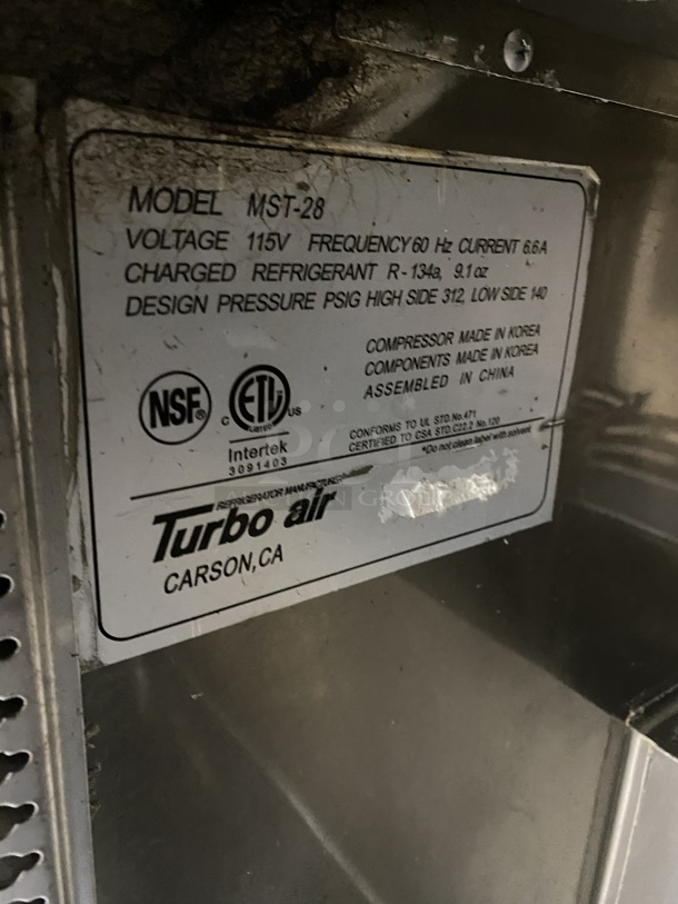TURBOAIR Stainless Steel Commercial Sandwich Salad/Prep Table! On Casters! Model MST-28 115V/60Hz - Image 7 of 9
