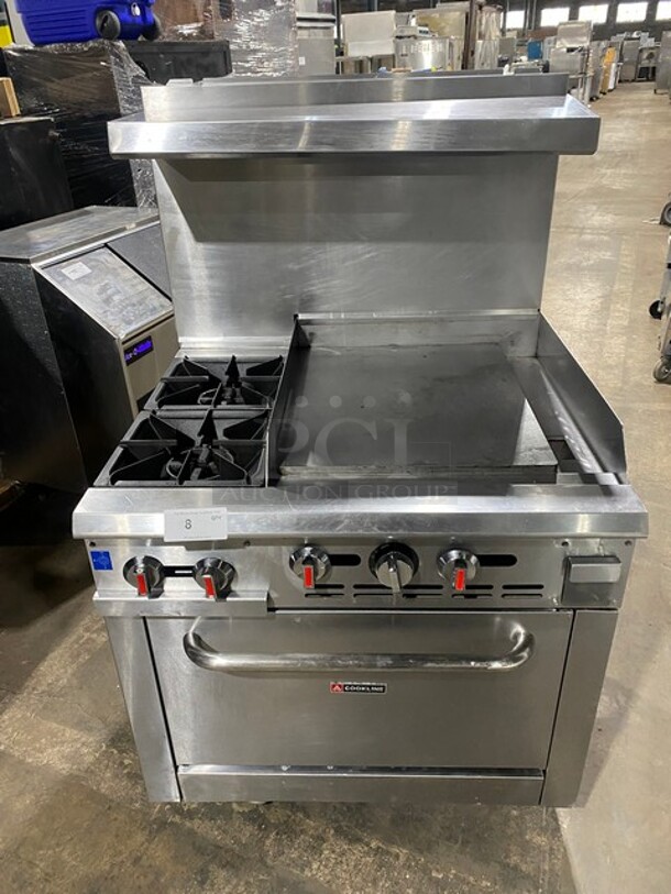 Late Model 2021! Cookline Stainless Steel Commercial Natural Gas Powered 2 Burner Range w/ Right Side Flat Top Griddle! With Oven And Back Splash! On Commercial Casters! MODEL CR3624G SN:2105018024