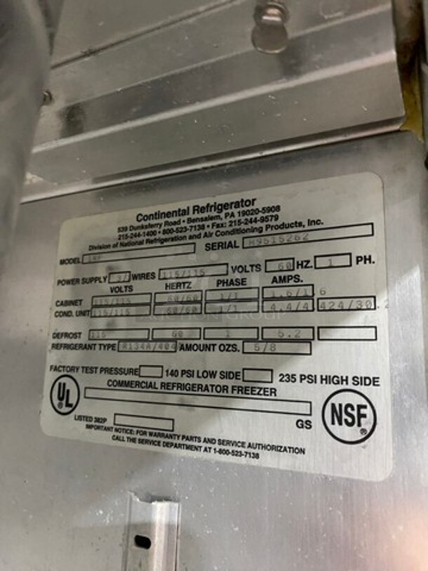 Continental Commercial Split Door Reach In Half Cooler Half Freezer Combo Unit! All Stainless Steel! On Legs! Model: 1RF SN: H9515262 115V 60HZ 1 Phase - Image 7 of 9