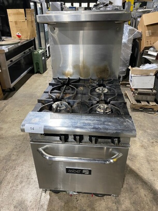 LATE MODEL! 2022 Asber Commercial Natural Gas Powered 4 Burner Stove! With Raised Back Splash And Salamander Shelf! With Oven Underneath! All Stainless Steel! On Casters! Model: AER424NG SN: 8102557218
