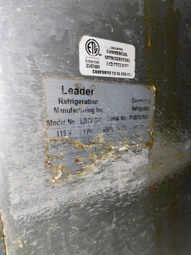 Leader Commercial 3 Door Under The Counter/ Work Top Cooler! With Poly Coated Racks! All Stainless Steel! On Casters! Model: LB72S/C SN: PV07S0917 115V 60HZ 1 Phase - Image 7 of 8