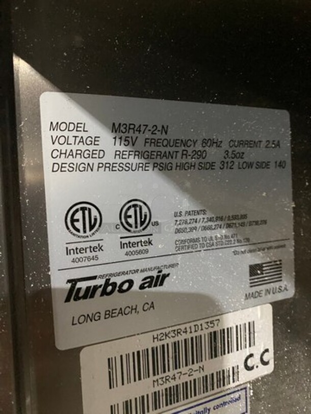 Turbo Air Commercial 2 Door Reach In Cooler! With Poly Coated Racks! All Stainless Steel! On Casters! Model: M3R472N SN: H2K3R41D1357 115V 60HZ 1 Phase - Image 7 of 9