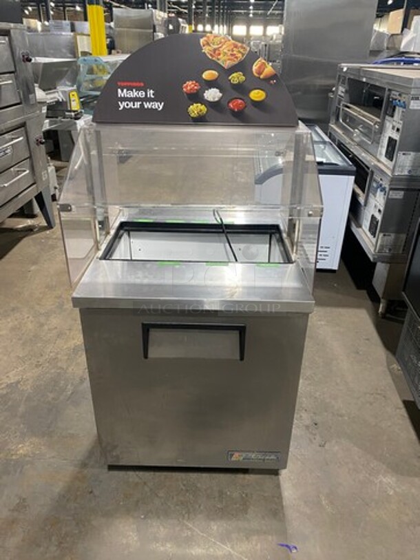 True Commercial Refrigerated Sandwich Prep Table! With Sneeze Guard! With Single Door Storage Space Underneath! All Stainless Steel! On Legs! Model: TSSU2708 SN: 5270403 115V 60HZ 1 Phase