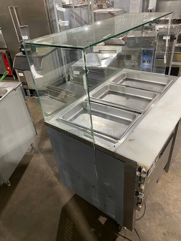 Leader Commercial Refrigerated Sandwich Prep Table! With Commercial Cutting Board! With Sneeze Guard! With 2 Door Storage Space Underneath! All Stainless Steel! On Casters! Model: LM48 SN: PW11M2201B! 115V 60HZ 1 Phase! - Image 4 of 8