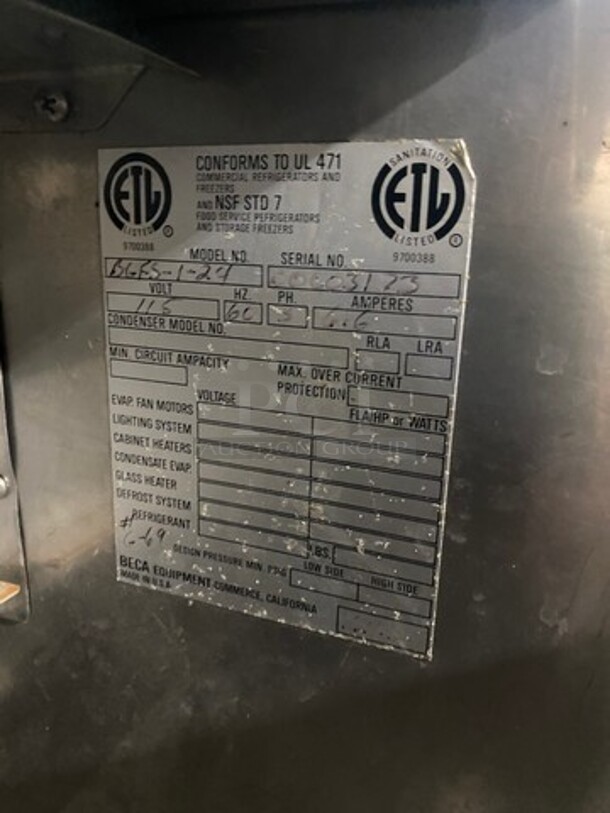 Beca Commercial Undercounter Glass Chiller! All Stainless Steel! On Legs! Model: BGFS124 SN: 00003123 115V - Image 7 of 9