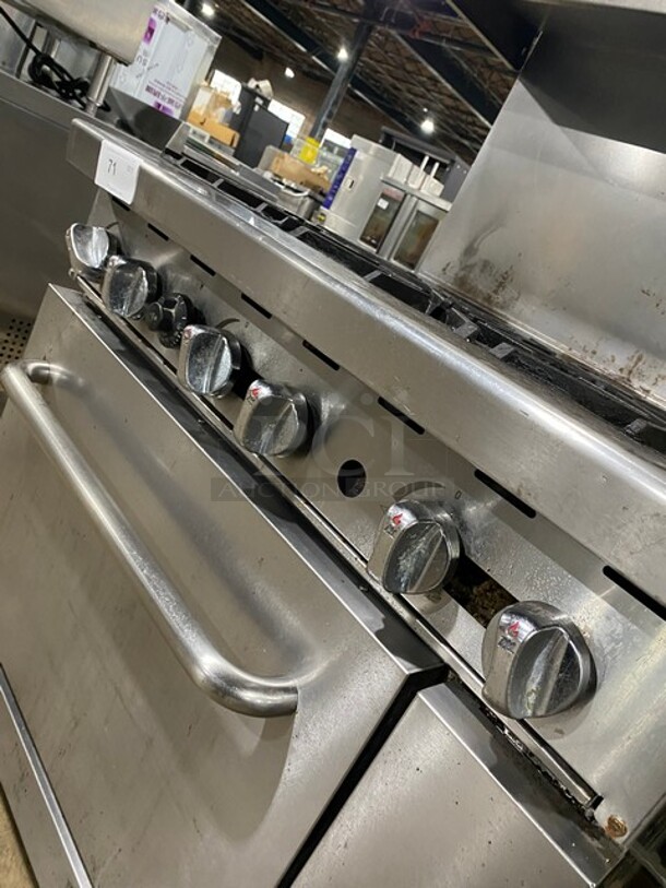 Stainless Steel Commercial Gas Powered 6 Burner Range w/ Oven, Over Shelf and Back Splash on Commercial Casters! - Image 8 of 9