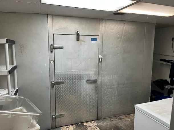 Tafco 12'x14' Walk In Cooler Box w/ Metal Compressor and Climate Control LSF090BEWMC6K 208-230 Volt, 1 Phase Evaporator Fan. Does Not Have Floor. Picture of the Unit Before Removal Is Included In the Listing. Information Provided By The Consignor But Not Verified By PCI Auctions. - Image 1 of 8