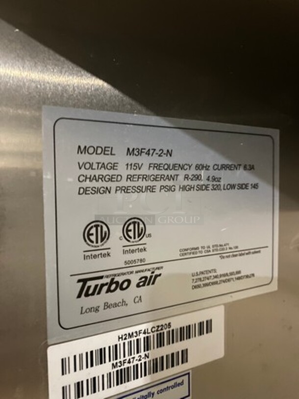 Turbo Air Commercial 2 Door Reach In Freezer! With Poly Coated Racks! All Stainless Steel! On Casters! Model: M3F472N SN: H2M3F4LCZ205 115V 60HZ 1 Phase - Image 7 of 9