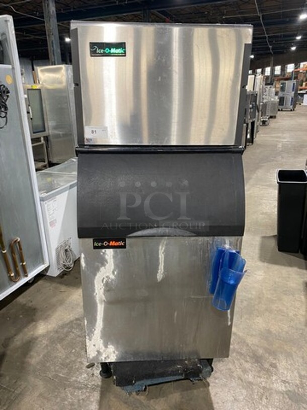 Ice-O-Matic Commercial Ice Making Machine! On Commercial Ice Bin! With Mounted Ice Scoop Holder And Scoop! All Stainless Steel! 2x Your Bid Makes One Unit! WORKING WHEN REMOVED! Model: ICE0500HW4 SN: 12061280011785 115V 60HZ 1 Phase