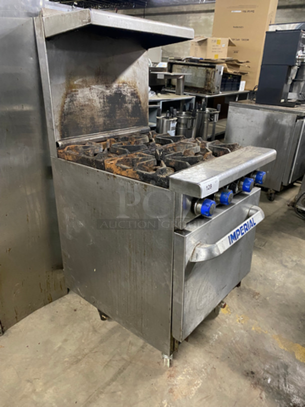 Imperial Commercial Natural Gas Powered 4 Burner Stove! With Raised Back Splash And Salamander Shelf! With Oven Underneath! All Stainless Steel! On Casters! - Image 2 of 11