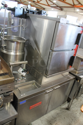 Vulcan VSX42ET Stainless Steel Commercial Electric Powered 2 Deck Steam Cabinet w/ Vulcan VDC-6 6 Gallon Tilting Kettle. 480 Volts, 3 Phase. 