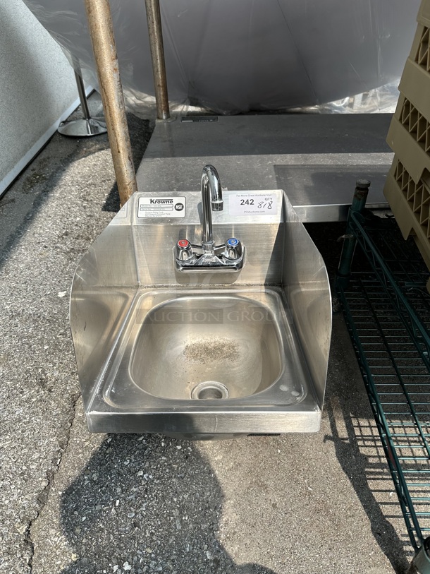 Krowne HS-30L Stainless Steel Commercial Single Bay Wall Mount Sink w/ Side Splash Guards, Faucet and Handles.  - Image 1 of 7