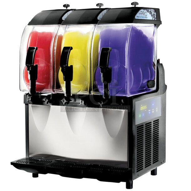 BRAND NEW IN BOX! 2021 SPM I-PRO 3 E Stainless Steel Commercial Countertop 3 Hopper Slushie Machine. 115 Volts, 1 Phase. Stock Picture Used. - Image 1 of 7