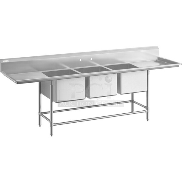 BRAND NEW SCRATCH AND DENT! Regency 600S32030224 Stainless Steel Commercial 3 Bay Sink w/ Dual Drain Boards. No Legs. Bays 20x31x14. Drain Boards 22.5x31.5