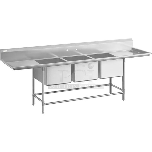 BRAND NEW SCRATCH AND DENT! Regency 600S32028224 Stainless Steel 3 Bay Sink w/ Dual Drain Boards. No Legs. Bays 20x28x13.5. Drain Boards 24x31