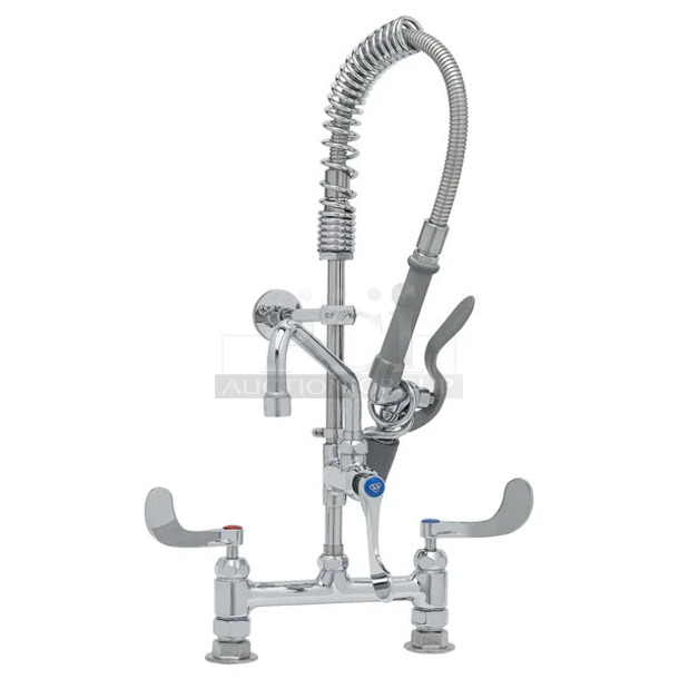 BRAND NEW SCRATCH AND DENT! T&S MPY-8DWN-08-CR EasyInstall Deck Mounted 24 3/4" High Mini Pre-Rinse Faucet with Adjustable 8" Centers, Low Flow Spray Valve, 4" Wrist Action Handles, 24" Hose, 8" Add-On Faucet, and 6" Wall Bracket - Image 1 of 6