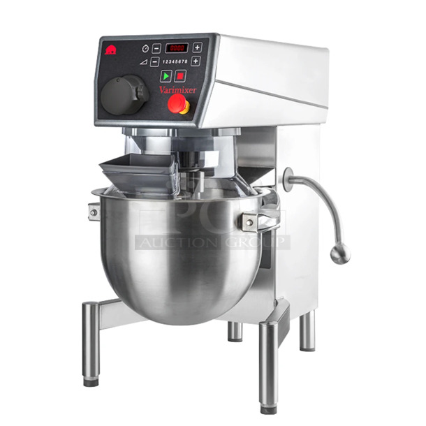 BRAND NEW! 2022 Varimixer V20KT Metal Commercial Countertop 20 Quart Planetary Dough Mixer / Stainless Steel Mixing Bowl, Bowl Guard, Paddle, Whisk and Dough Hook Attachments. 120 Volts, 1 Phase. Tested and Working!