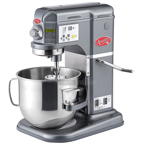BRAND NEW SCRATCH AND DENT! Avantco 177MIX8GY Dark Gray 8 Qt. Bowl Lift Countertop Mixer w/ Stainless Steel Mixing Bowl, Dough Hook and Paddle Attachments. One Arm Is Broken, See Picture. 120 Volts, 1 Phase. Tested and Working!