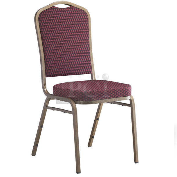 4 BRAND NEW! Lancaster Table & Seating 164BNQCRBRG Burgundy Pattern Fabric Crown Back Stackable Banquet Chair with Gold Vein Frame. 4 Times Your Bid!