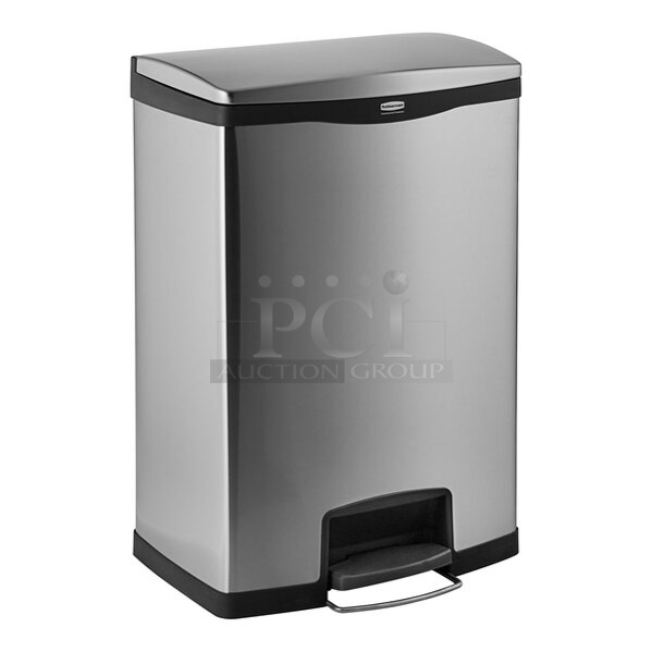BRAND NEW SCRATCH AND DENT! Rubbermaid 6901901999BK Slim Jim Stainless Steel Black Accent Front Step-On Rectangular Trash Can with Single Rigid Plastic Liner - 96 Qt. / 24 Gallon