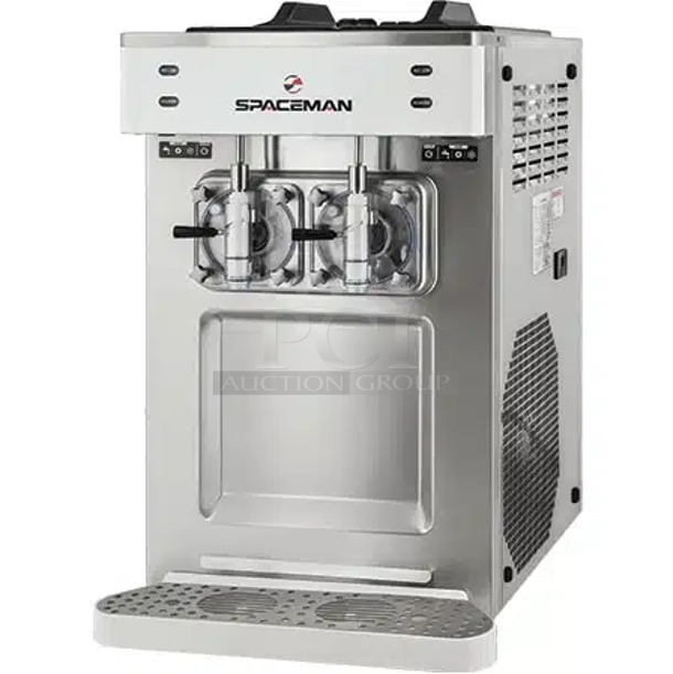 BRAND NEW! Spaceman 6690-CL Stainless Steel Commercial Countertop Air Cooled 2 Flavor Frozen Beverage Slushy Machine. 220 Volts, 1 Phase. - Image 1 of 12