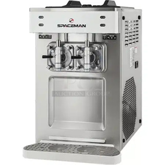BRAND NEW! Spaceman 6690-CL Stainless Steel Commercial Countertop Air Cooled 2 Flavor Frozen Beverage Slushy Machine. 220 Volts, 1 Phase.