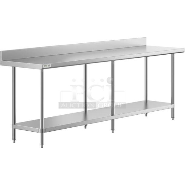 BRAND NEW SCRATCH AND DENT! Regency 600TSB2496S 24" x 96" 16-Gauge Stainless Steel Commercial Work Table with 4" Backsplash and Undershelf. May Be Missing Pieces.  - Image 1 of 2