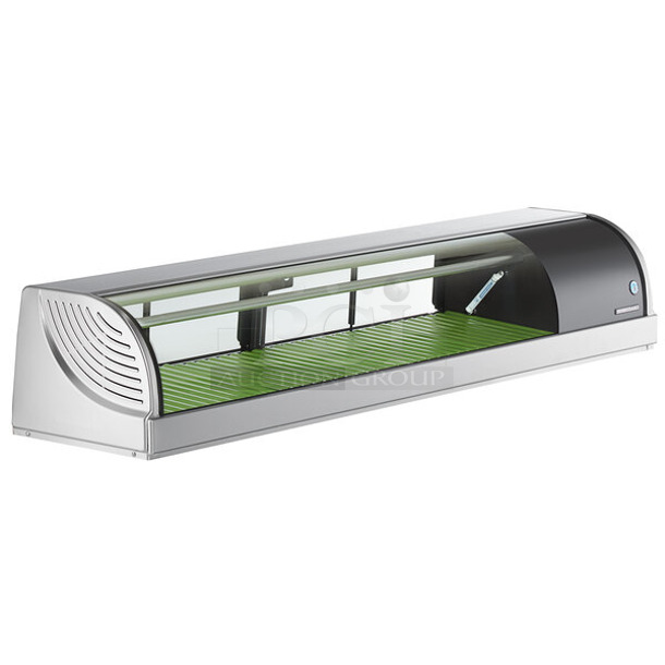 BRAND NEW SCRATCH AND DENT! Hoshizaki HNC-150BA-R-SLH Stainless Steel Curved Glass Refrigerated Sushi Display Case 59" - Right Side Compressor. See Pictures For Broken Glass. 115 Volts, 1 Phase. Tested and Working! - Image 1 of 6