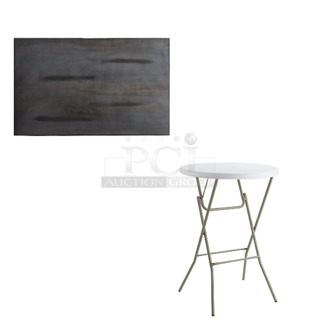 3 BRAND NEW SCRATCH AND DENT! Items; Lancaster Table & Seating 3493048ANTGY Industrial 30" x 48" Solid Wood Live Edge Table Top with Antique Slate Gray Finish and 2 Lancaster Table & Seating 384YCZ32RNDB 32" Round Granite White Heavy-Duty Blow Molded Bar Height Plastic Folding Table. 
3 Times Your Bid!