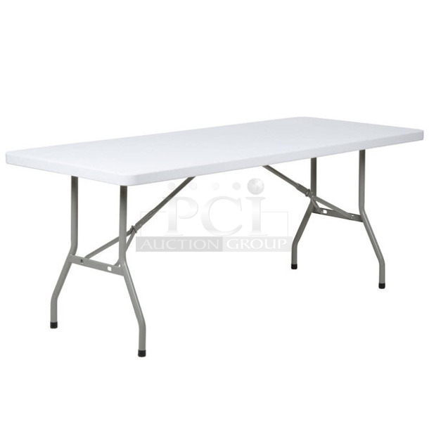 2 BRAND NEW SCRATCH AND DENT! Lancaster Table & Seating 384YCZ7230 30" x 72" Heavy-Duty Granite White Plastic Folding Table. 2 Times Your Bid! May Be Missing Pieces.  - Image 1 of 4