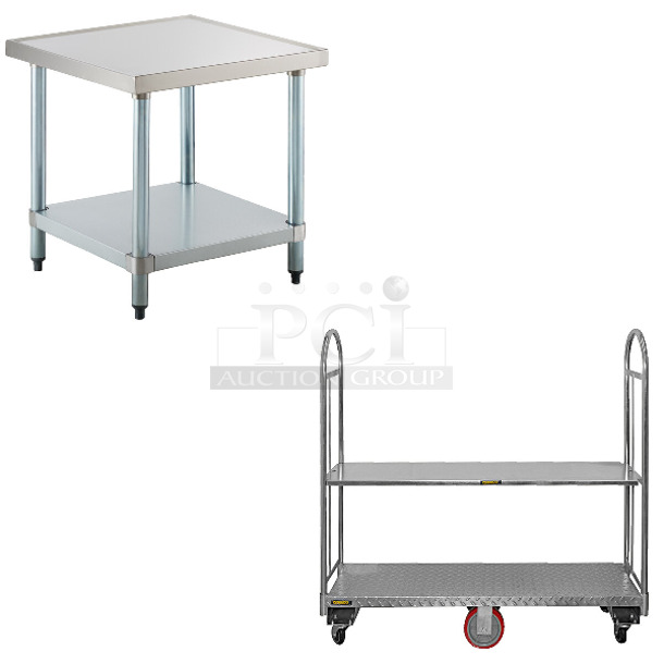 2 BRAND NEW SCRATCH AND DENT! Items; Regency 600MT2424G 24" x 24" 18-Gauge Stainless Steel Mixer Table with Galvanized Legs and Undershelf and Wesco 273565 16" x 60" Removable Galvanized Steel Shelf for U-Boat Utility Carts 273565. 2 Times Your Bid! May Be Missing Pieces.  - Image 1 of 4