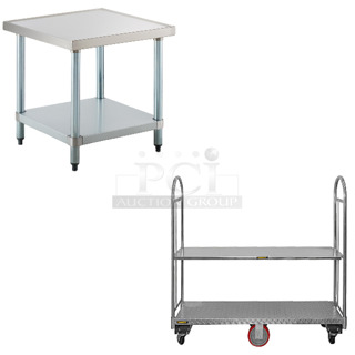 2 BRAND NEW SCRATCH AND DENT! Items; Regency 600MT2424G 24" x 24" 18-Gauge Stainless Steel Mixer Table with Galvanized Legs and Undershelf and Wesco 273565 16" x 60" Removable Galvanized Steel Shelf for U-Boat Utility Carts 273565. 2 Times Your Bid! May Be Missing Pieces. 