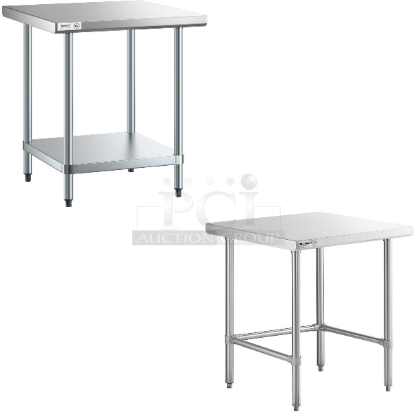 2 BRAND NEW SCRATCH AND DENT! Items; Regency 600T3030G 30" x 30" 18-Gauge 304 Stainless Steel Commercial Work Table with Galvanized Legs and Undershelf and Regency 600WS30X30S Spec Line 30" x 30" 14-Gauge 304 Stainless Steel Commercial Open Base Work Table. 2 Times Your Bid! May Be Missing Pieces.  - Image 1 of 4