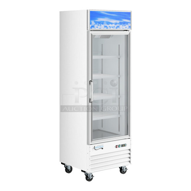 BRAND NEW SCRATCH AND DENT! 2023 Avantco 178GDC12FHCW Metal Commercial Single Door Reach In Cooler Merchandiser w/ Poly Coated Racks on Commercial Casters. 115 Volts, 1 Phase. Tested and Working! - Image 1 of 6